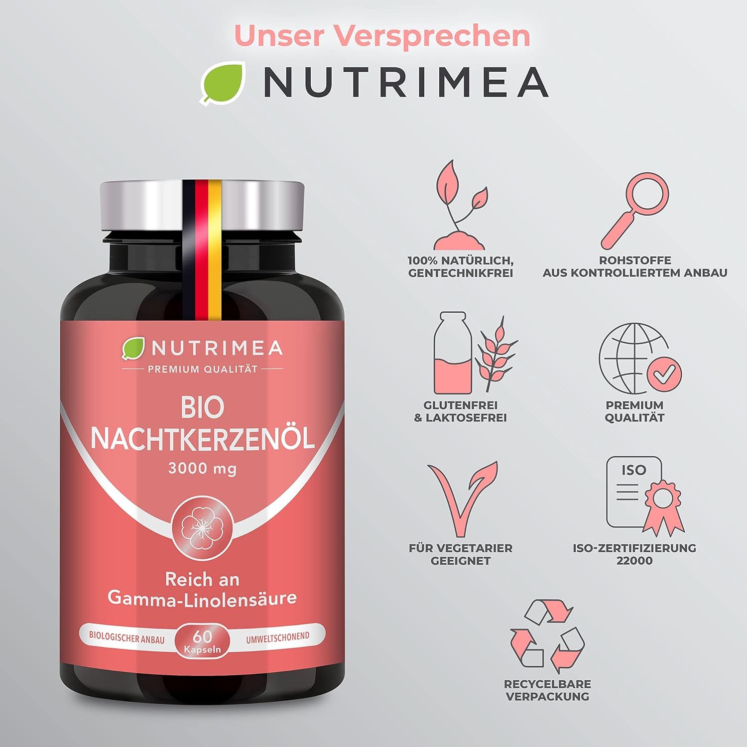 Flacone BIO Nachtkerzenöl. 100% naturale. Senza glutine e senza lattosio. Adatto ai vegetariani. Imballaggio riciclabile. Certificato ISO.