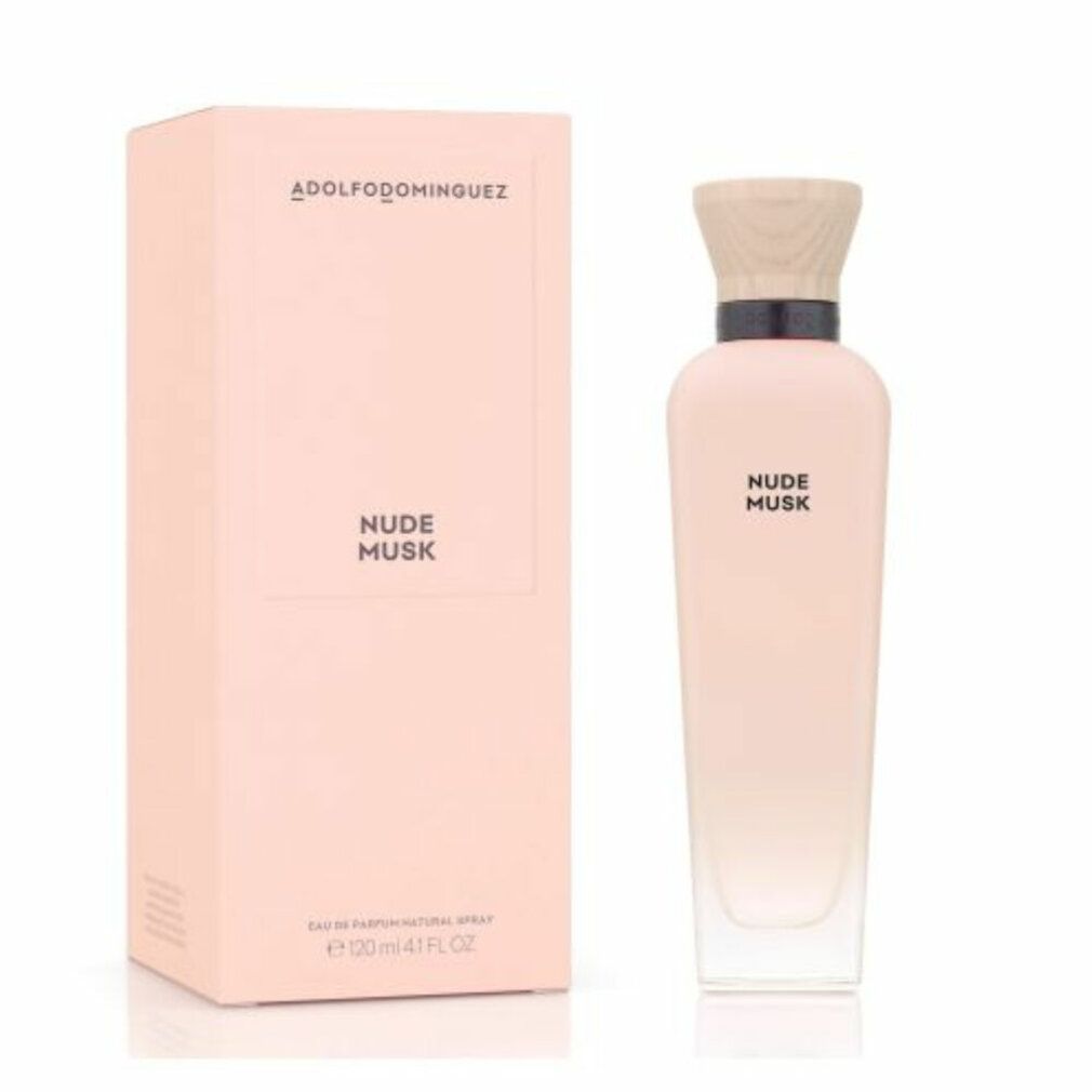 Flacone di profumo e confezione. Scritta: ADOLFODOMINGUEZ, NUDE MUSK. Sfumatura da rosa a trasparente.
