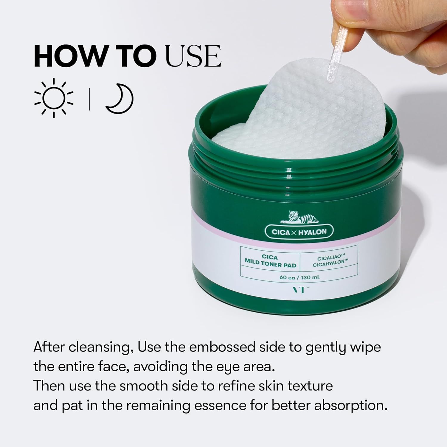 Vasetto verde con pad toner. Utilizzo: giorno e notte. Testo: CICA MILD TONER PAD. Istruzioni per l'uso con simboli.