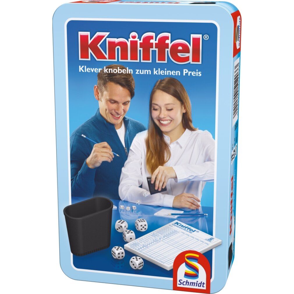 Gioco Kniffel in scatola di metallo. Scatola con persone, dadi, bicchiere e blocco note. Scritta: Kniffel.