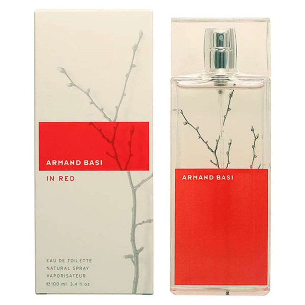 Armand Basi In Red Eau de Toilette Damen. Flacone e confezione. Bianco, rosso, trasparente. Decorazione con rami.
