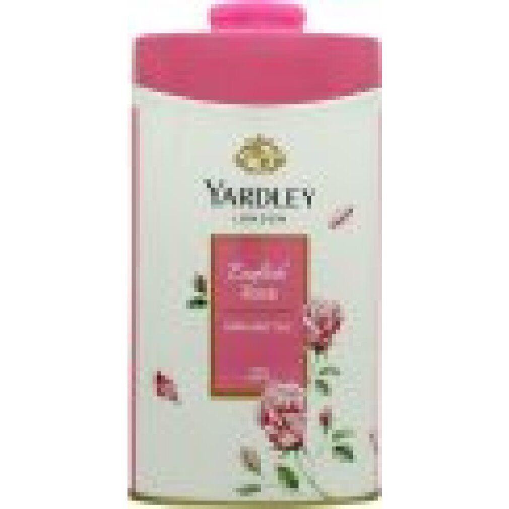 Confezione di talco con coperchio rosa. Scritta: Yardley London English Rose. Immagine di rose.