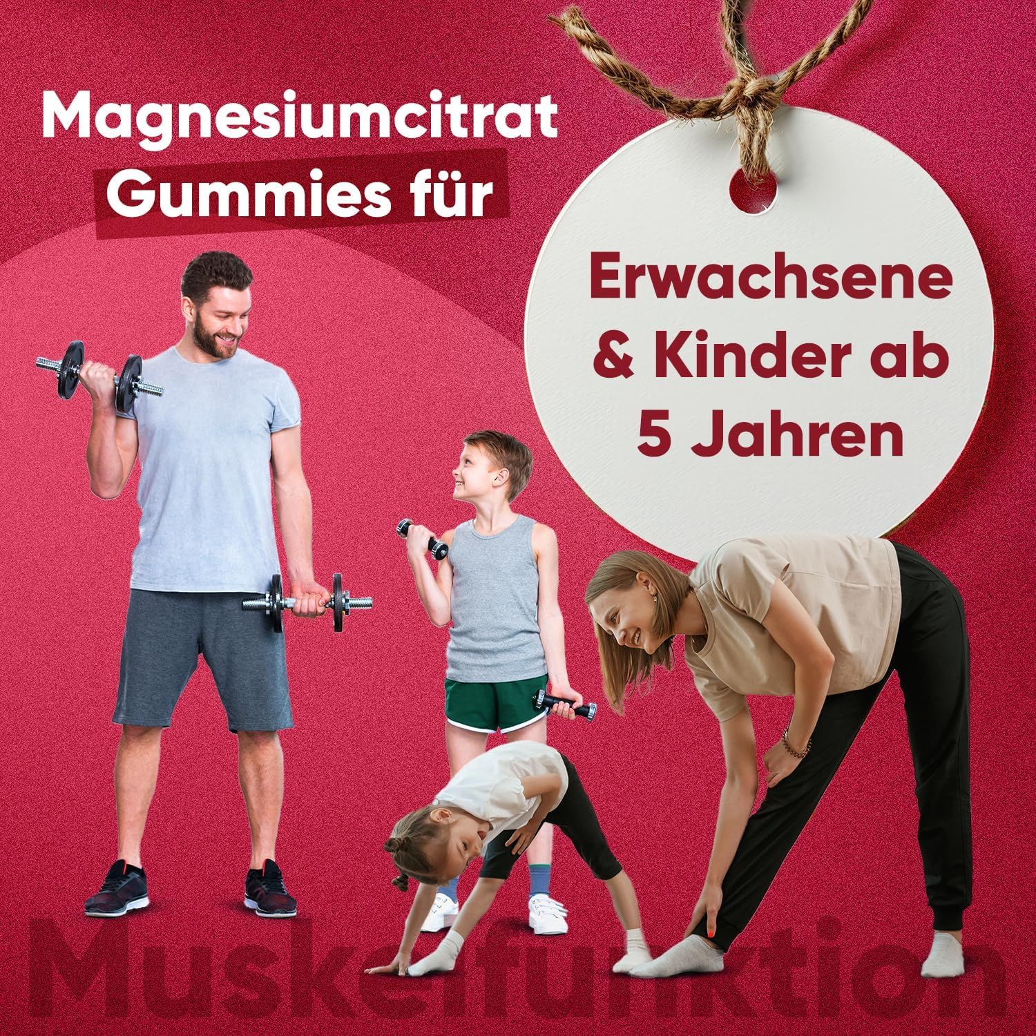 Persone che si allenano con pesi e stretching. Testo: Gommosi al citrato di magnesio per adulti e bambini dai 5 anni in su.