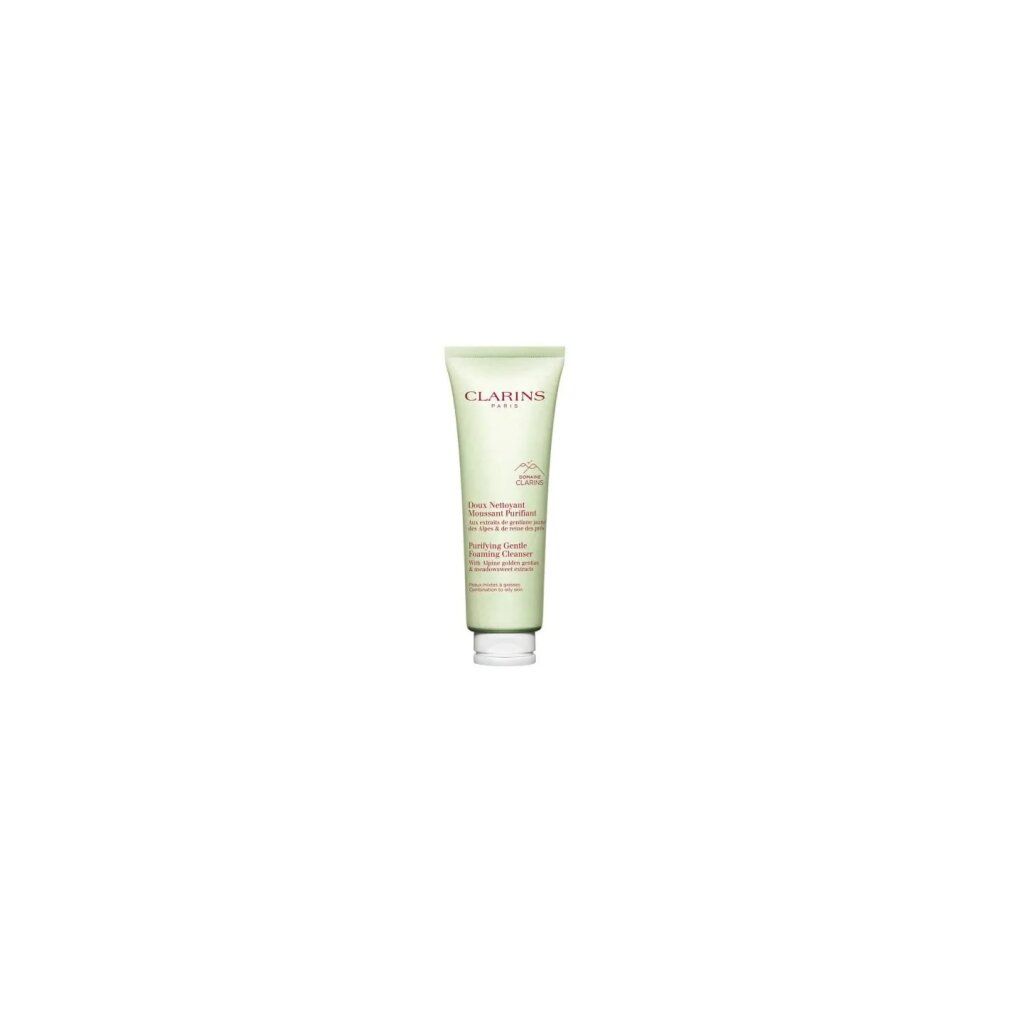 Tubo verde con tappo bianco. Testo: Clarins, Doux Nettoyant Moussant Purifiant, Purifying Gentle Foaming Cleanser.