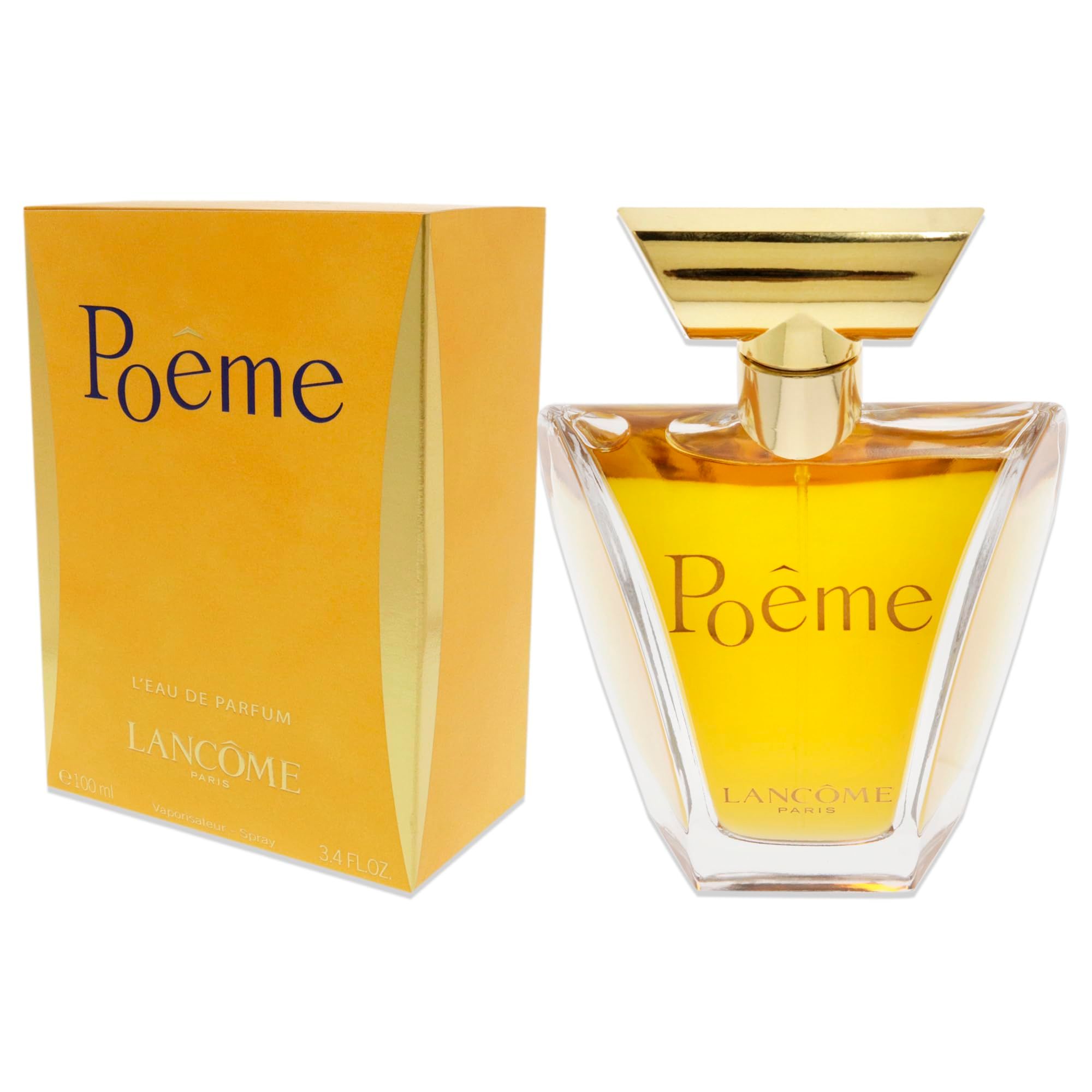 Flacone di profumo e scatola. Scritta "Poême" e "Lancôme". Confezione dorata.