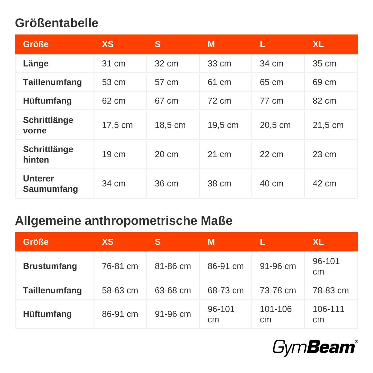 Tabella taglie per pantaloncini GymBeam neri da donna, slim, vita alta, elastico.