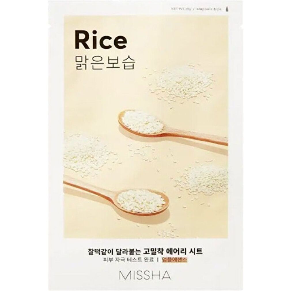 Confezione con motivo riso e scritta "Rice". Sotto, cucchiai con riso. Marchio: MISSHA.