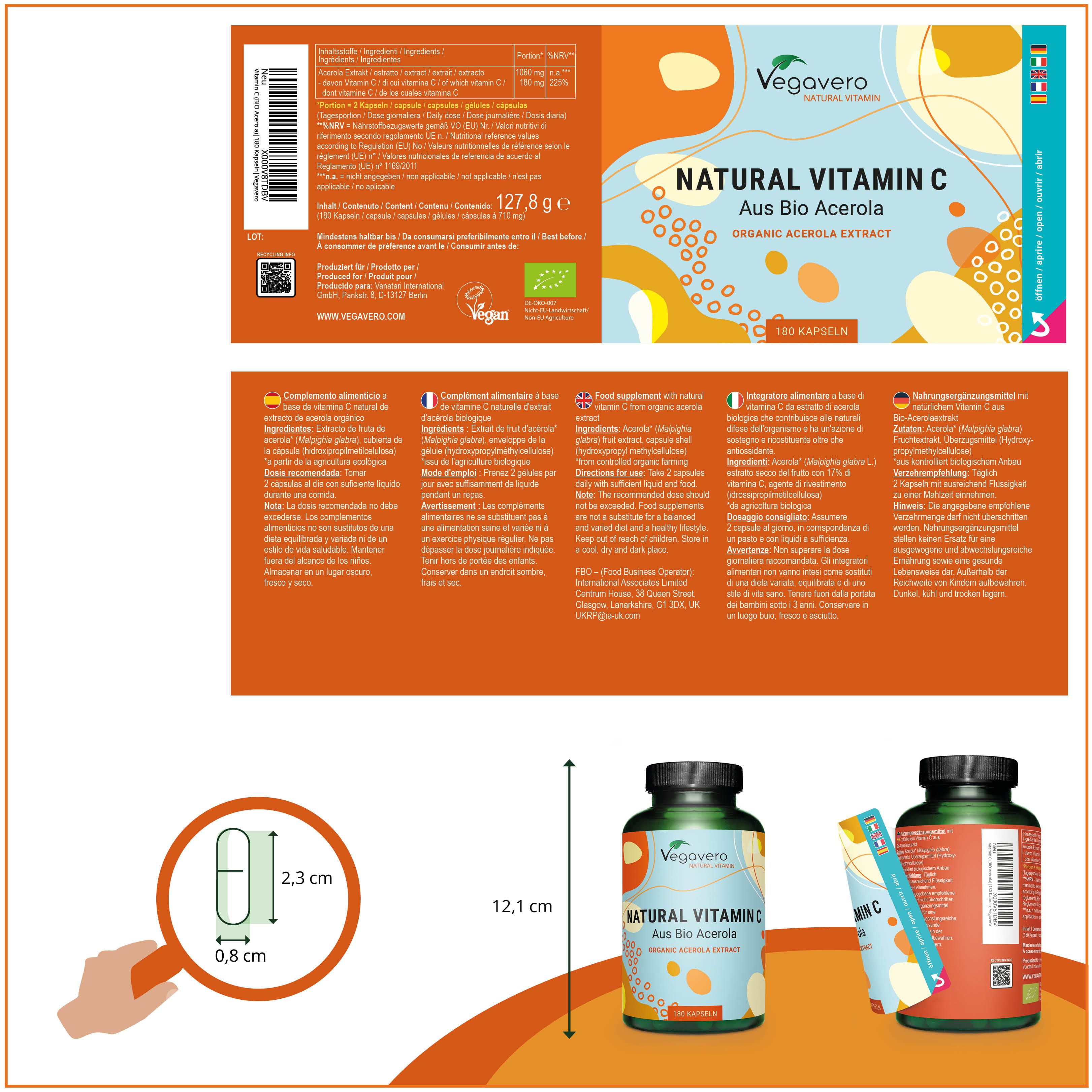 Confezione del prodotto con etichetta. Flacone e bustina di capsule. Dimensioni: 12,1 cm di altezza, 2,3 cm di lunghezza, 0,8 cm di larghezza. Testo: NATURAL VITAMIN C.