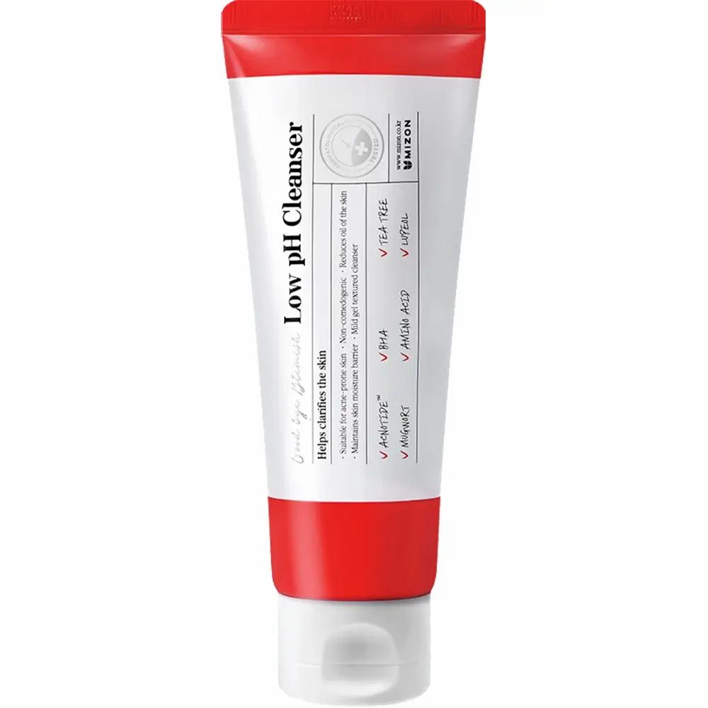 Tubo bianco e rosso. Scritta: Low pH Cleanser. Marchio: MIZON. Contiene BHA e Tea Tree.