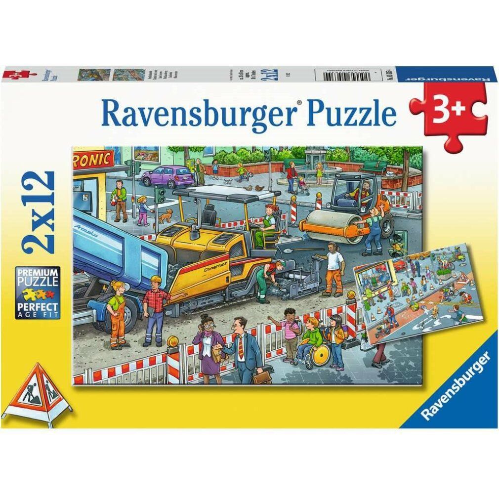 Scatola puzzle 2x12 pezzi. Immagine: cantiere con veicoli e figure. Marca: Ravensburger. Età: 3+.