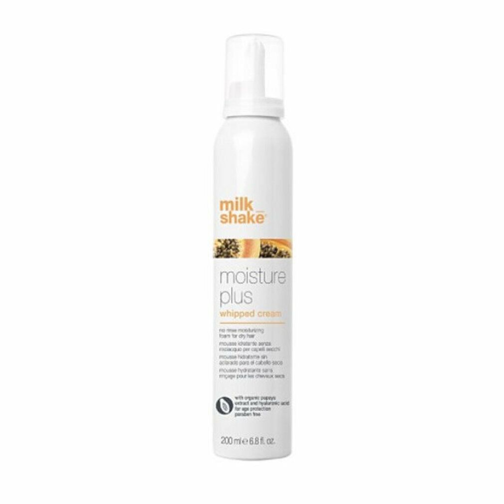 Spray bianco con nome e designazione del prodotto. Scritta: Milk Shake Moisture Plus Whipped Cream. Con estratto di papaya.