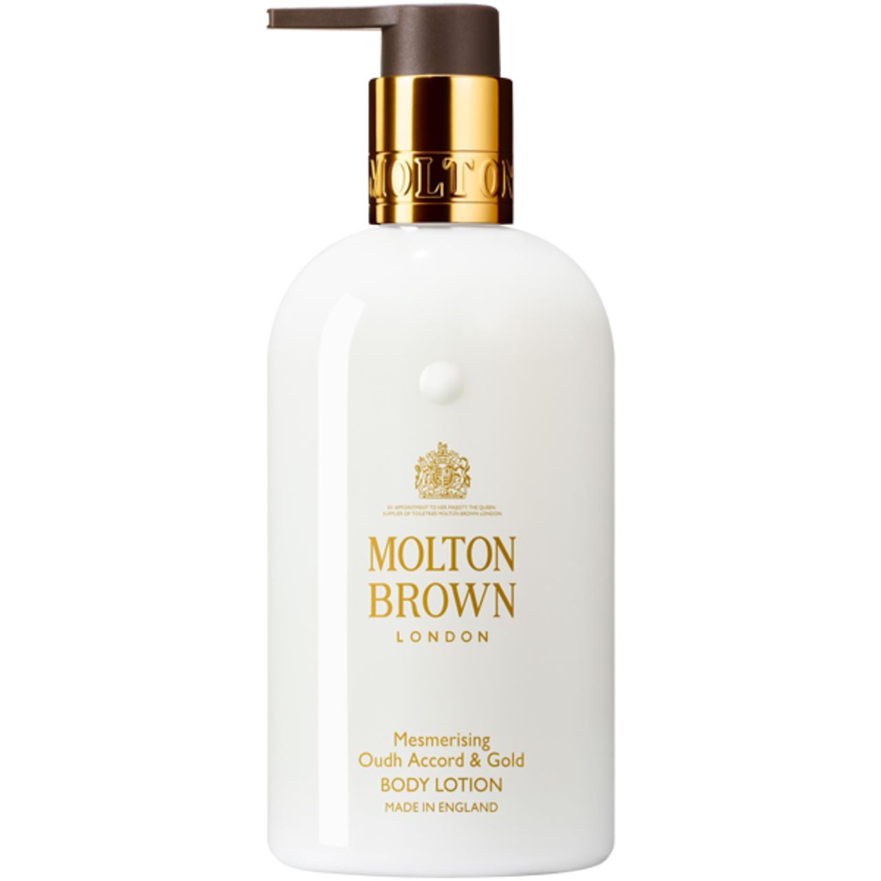 Flacone bianco con erogatore dorato. Scritta: Molton Brown London, Mesmerising Oudh Accord & Gold Body Lotion.