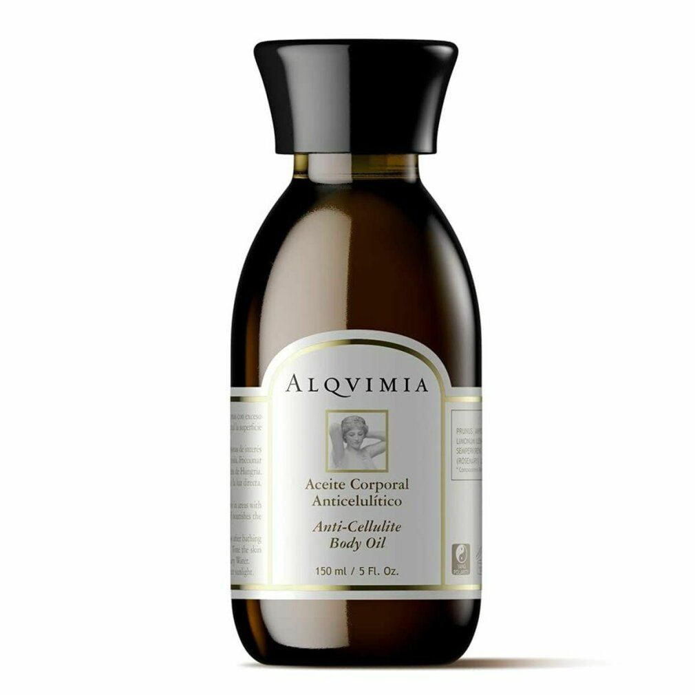 Flacone di vetro marrone con tappo nero. Etichetta con nome del prodotto e logo. Testo: Aceite Corporal Anticellulítico, Anti-Cellulite Body Oil.