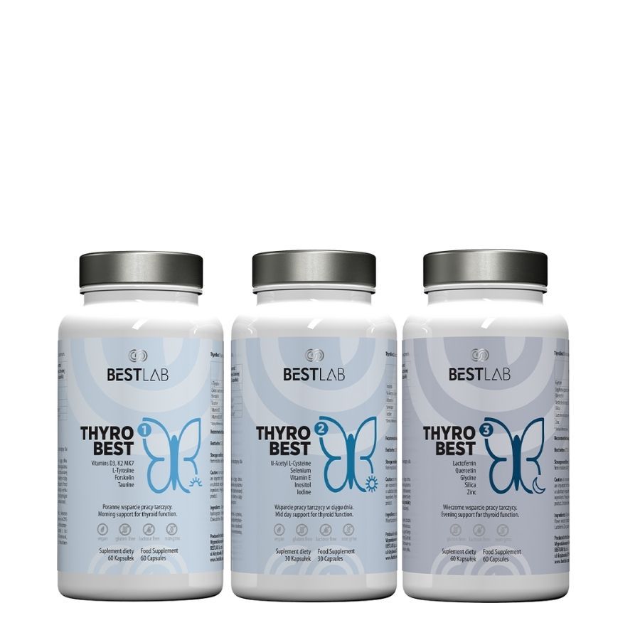 Tre flaconi di Thyro Best con tappi argentati. Le etichette contengono informazioni sul prodotto e il logo Best Lab.
