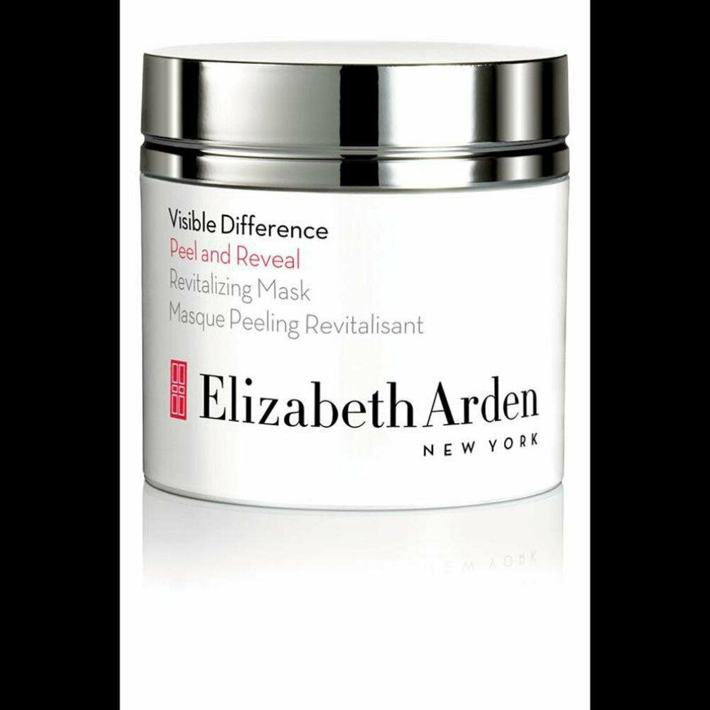 Vaso bianco con coperchio argentato. Scritta: Visible Difference, Peel and Reveal, Revitalizing Mask. Logo e scritta Elizabeth Arden.