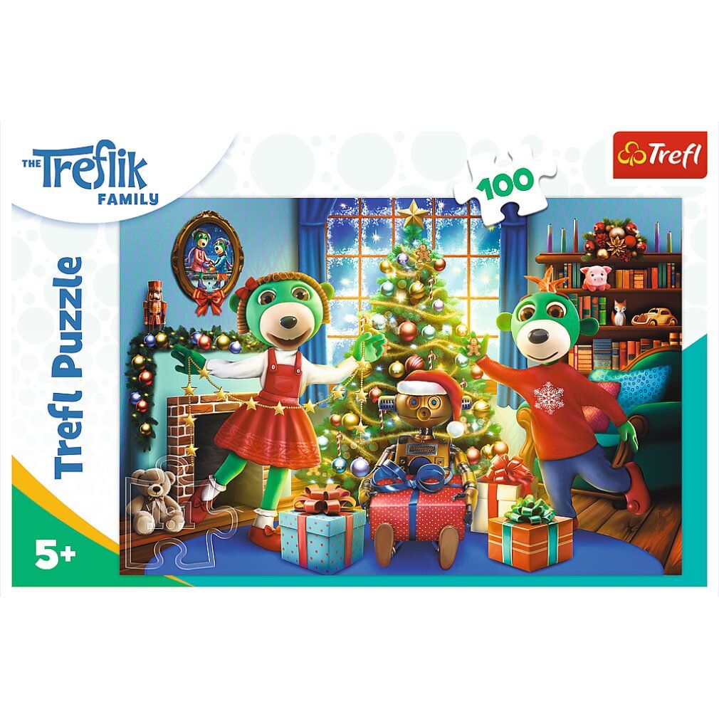 Scatola puzzle con scena invernale. Scritta: Trefl Puzzle, 100 pezzi, dai 5 anni. Personaggi davanti all'albero.