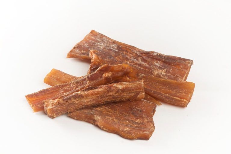 Diversi pezzi di tendine essiccate, rettangolari. Colore marrone chiaro, forma irregolare. Su sfondo bianco.