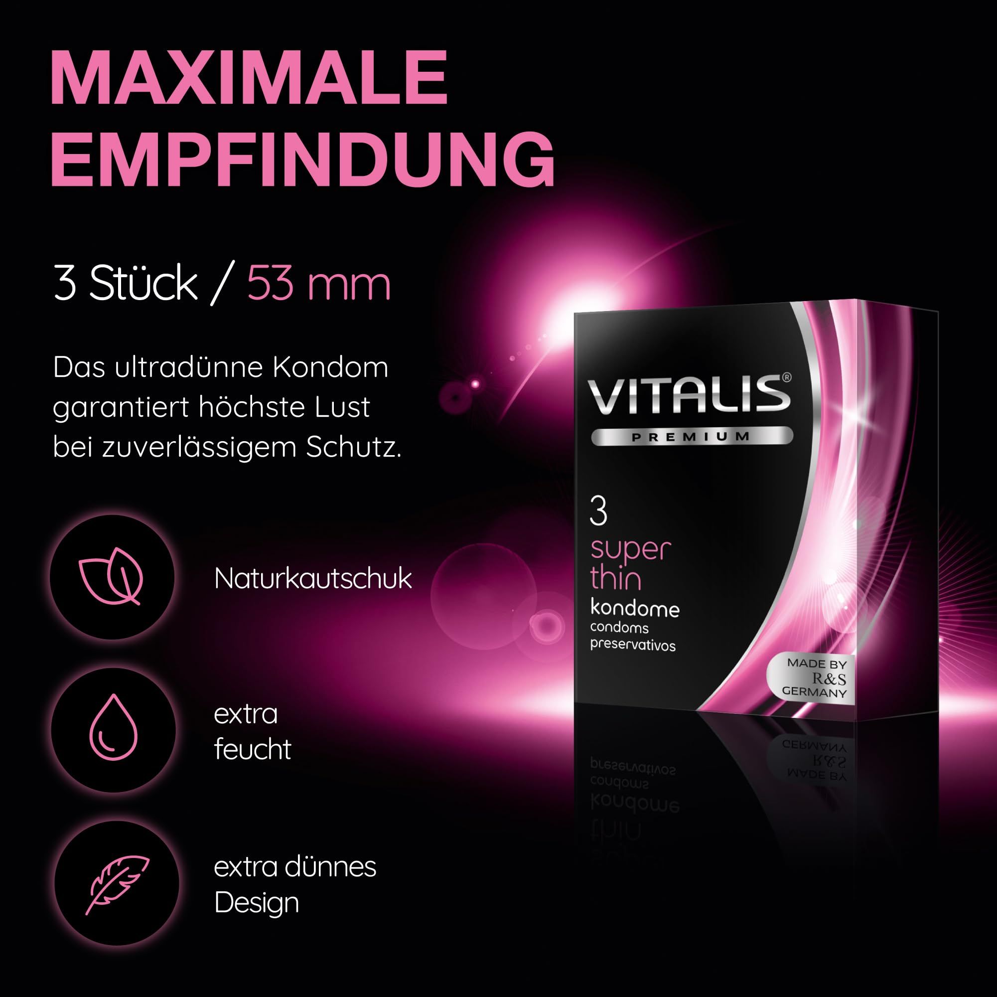 Preservativi Vitalis PREMIUM Super Thin: 3 pezzi, larghezza 53 mm. Lattice naturale, extra lubrificato, design ultrasottile.