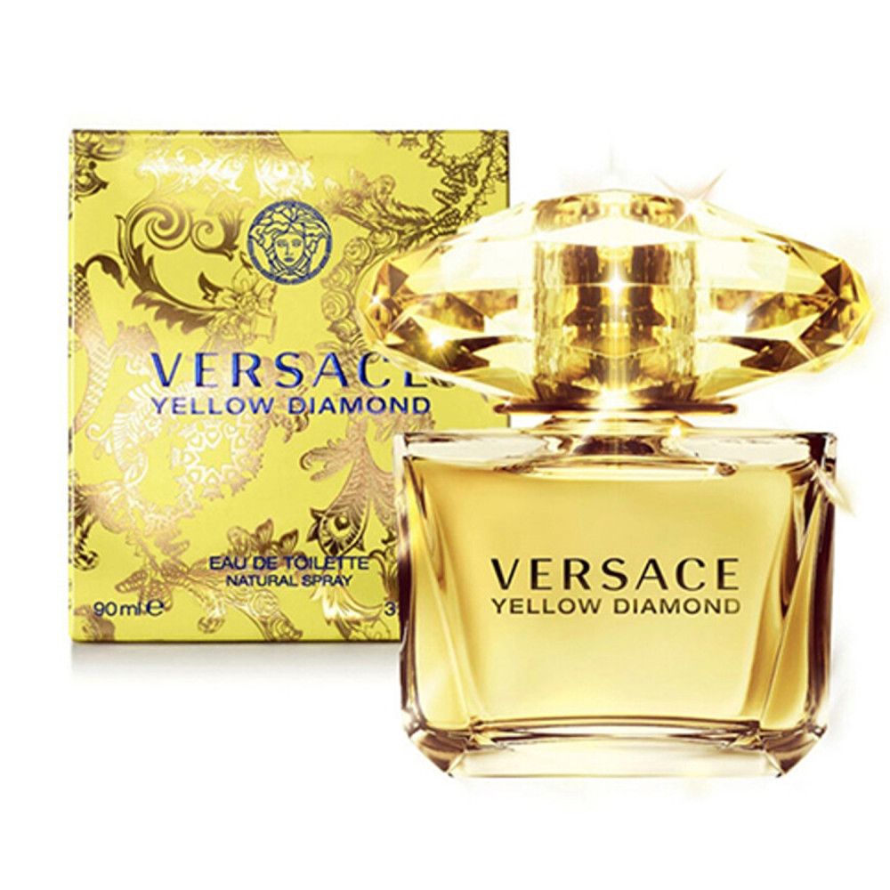 Flacone e scatola di profumo gialli. Scritta: Versace Yellow Diamond. Flacone con tappo giallo.