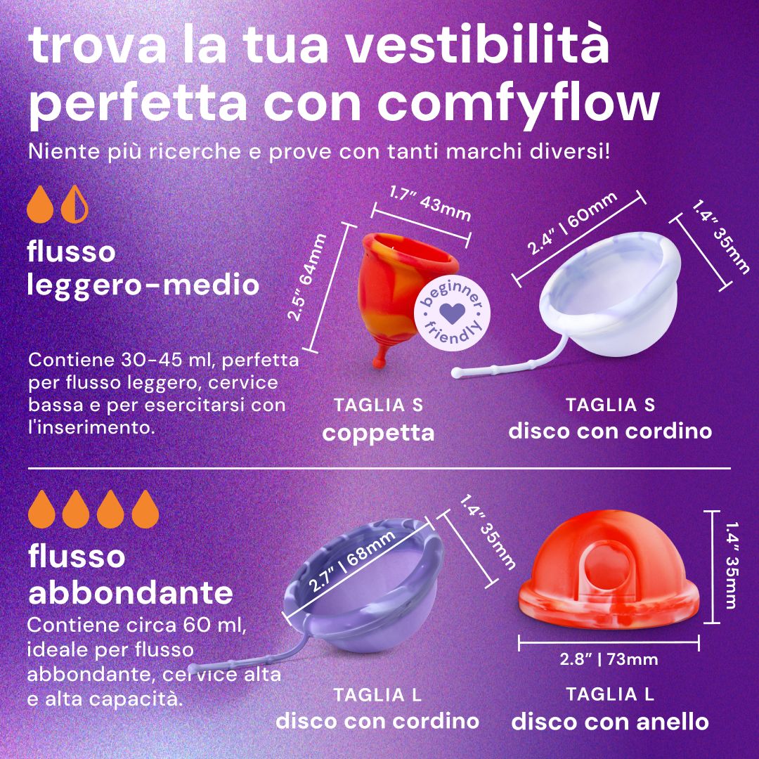 Bodyotics Comfyflow: disco mestruale (L) con anello, rosso, con indicazione di taglia.