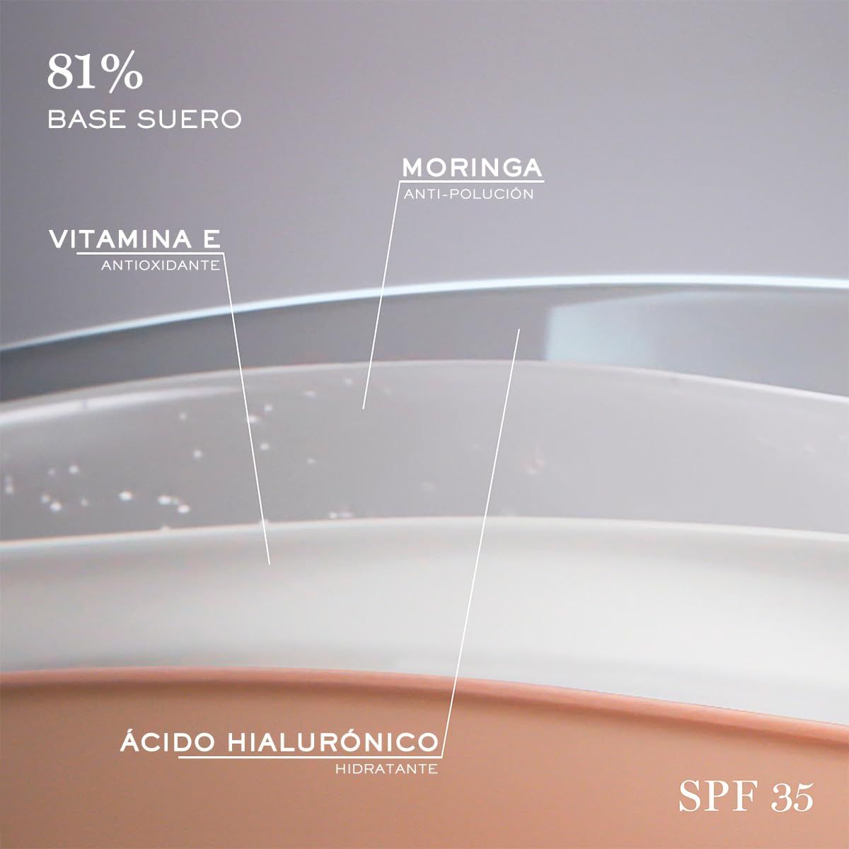 Rappresentazione grafica degli ingredienti: Vitamina E, Moringa, Acido Ialuronico. SPF 35.