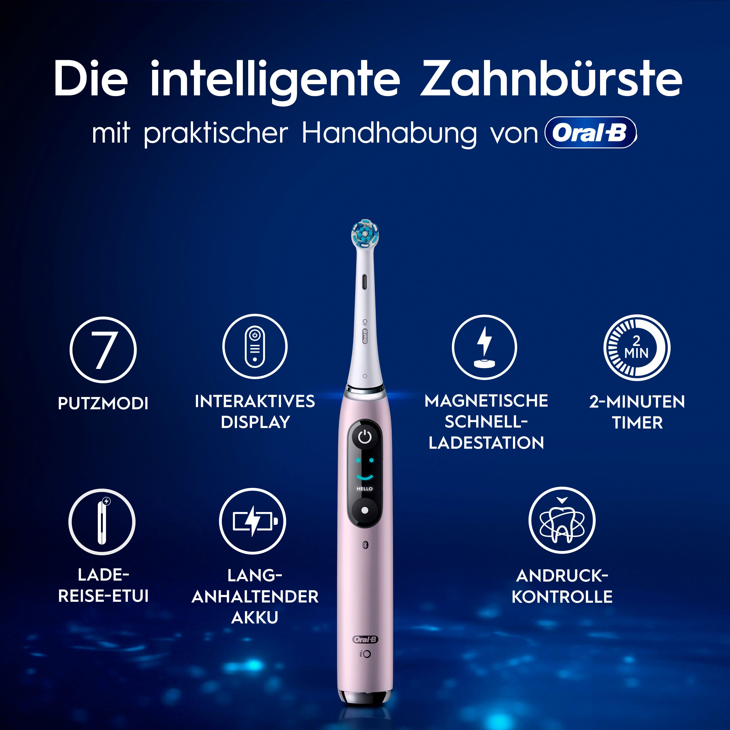 Spazzolino con display e 7 modalità di pulizia. Testo: "Lo spazzolino intelligente con maneggevolezza pratica di Oral-B".