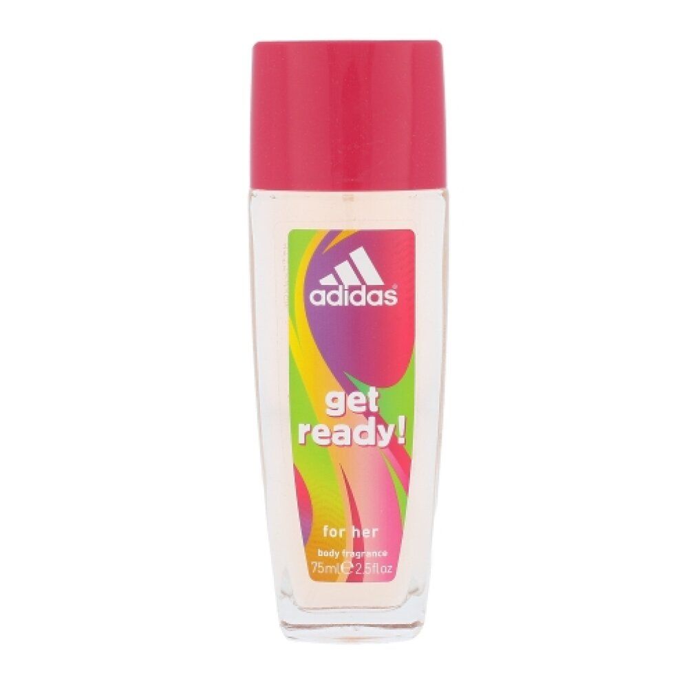 Deo Adidas. Flacone rettangolare con tappo rosso. Etichetta con logo e scritta 'Get Ready!'.