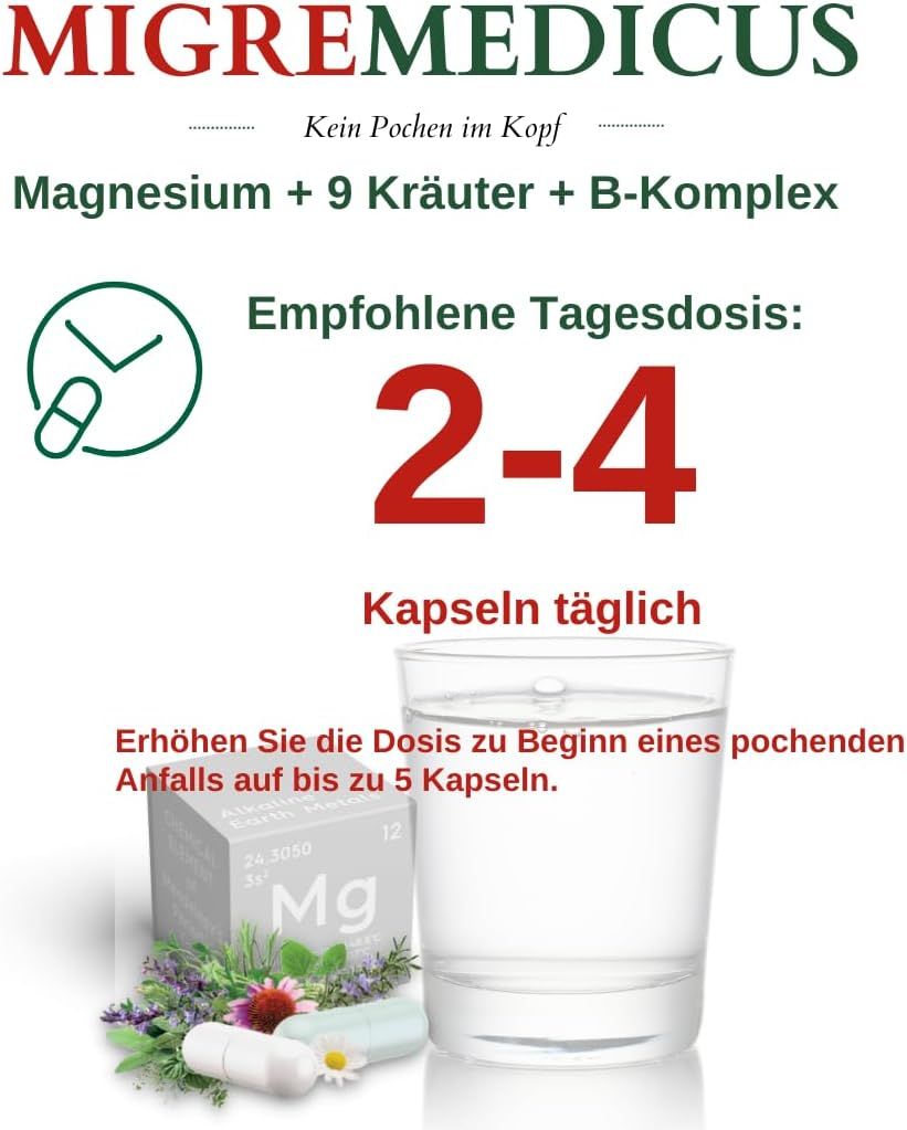 Bicchiere d'acqua, capsule e confezione del prodotto. Testo: 2-4 capsule al giorno. Aumentare la dose fino a 5 capsule.