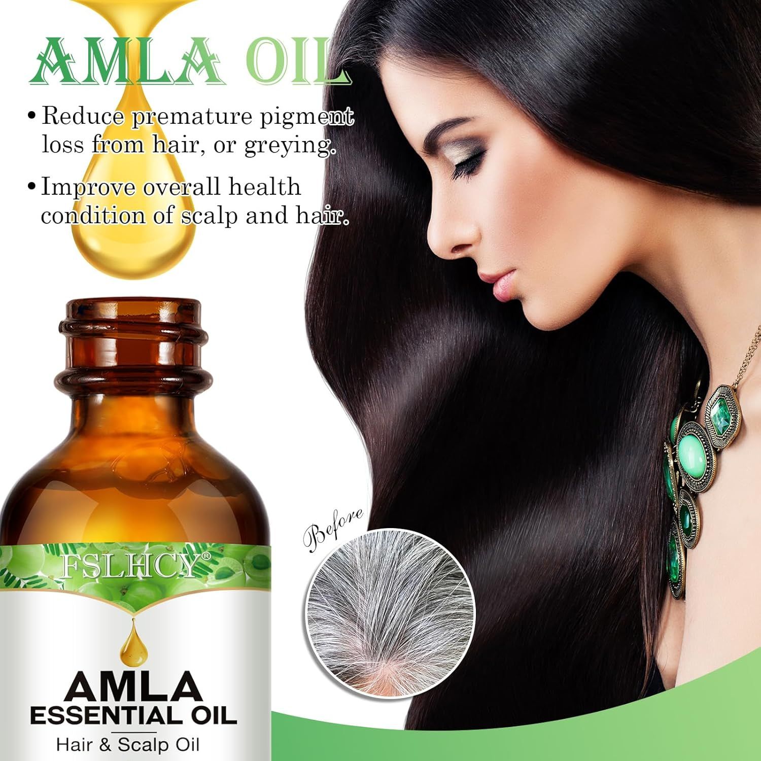 Flacone di vetro marrone con Amla Essential Oil. Donna con lunghi capelli scuri. Piccolo cerchio che mostra capelli grigi. Testo: FSLHCY.