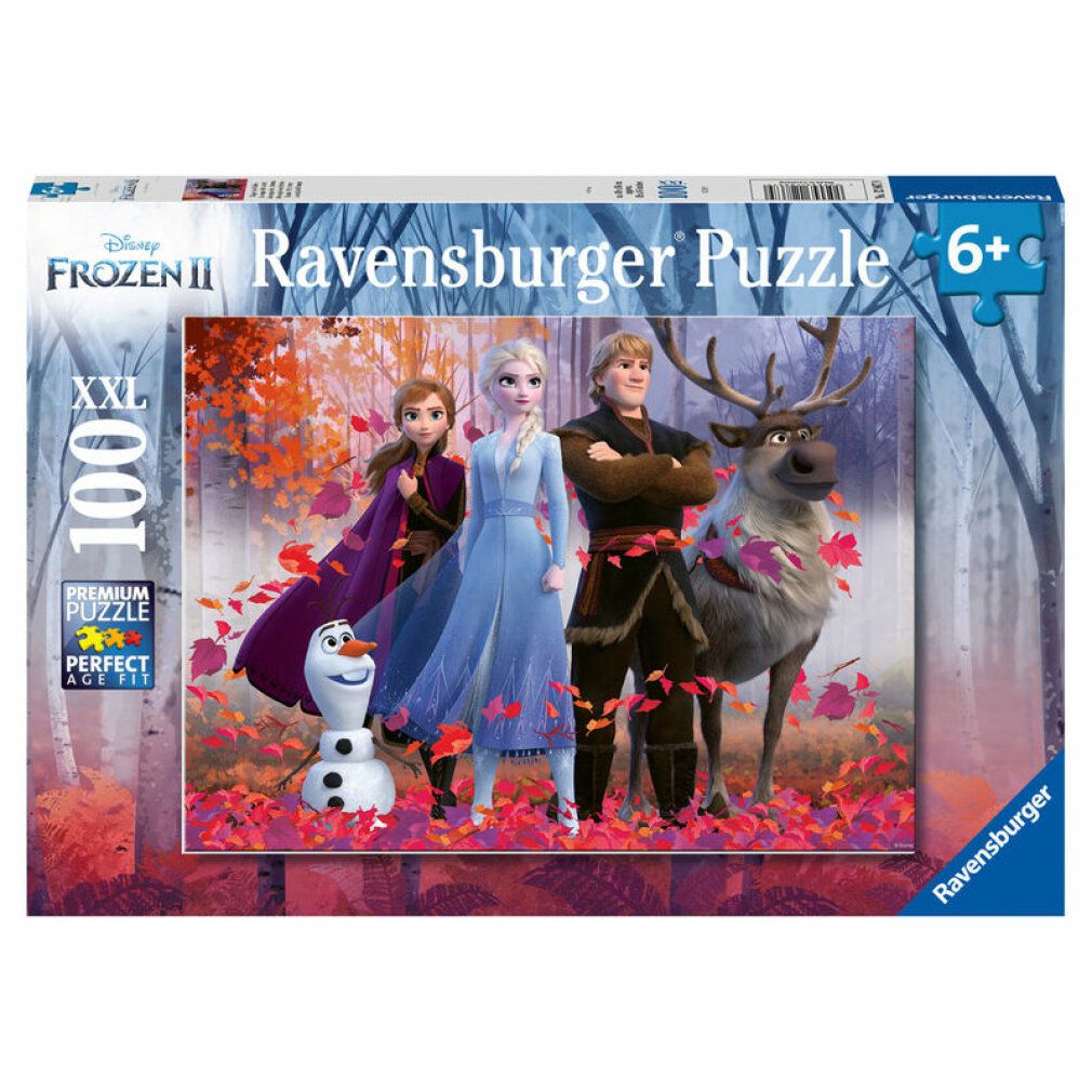 Scatola puzzle Frozen 2. Scritte: Disney, Ravensburger Puzzle, 100 pezzi, XXL, 6+. Raffigurati Elsa, Anna, Kristoff, Olaf e Sven.