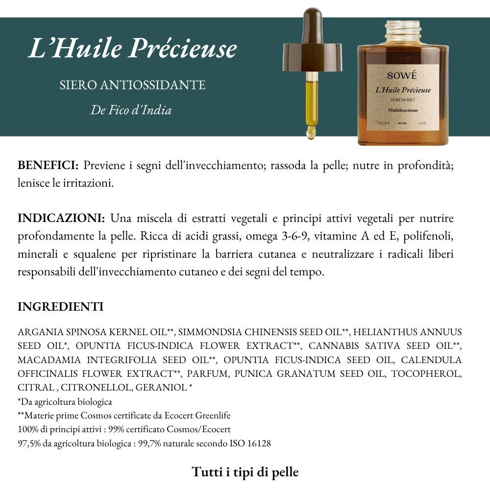 Immagine del prodotto con testo. Nome del prodotto e ingredienti. Testo in italiano. Certificazioni visibili.