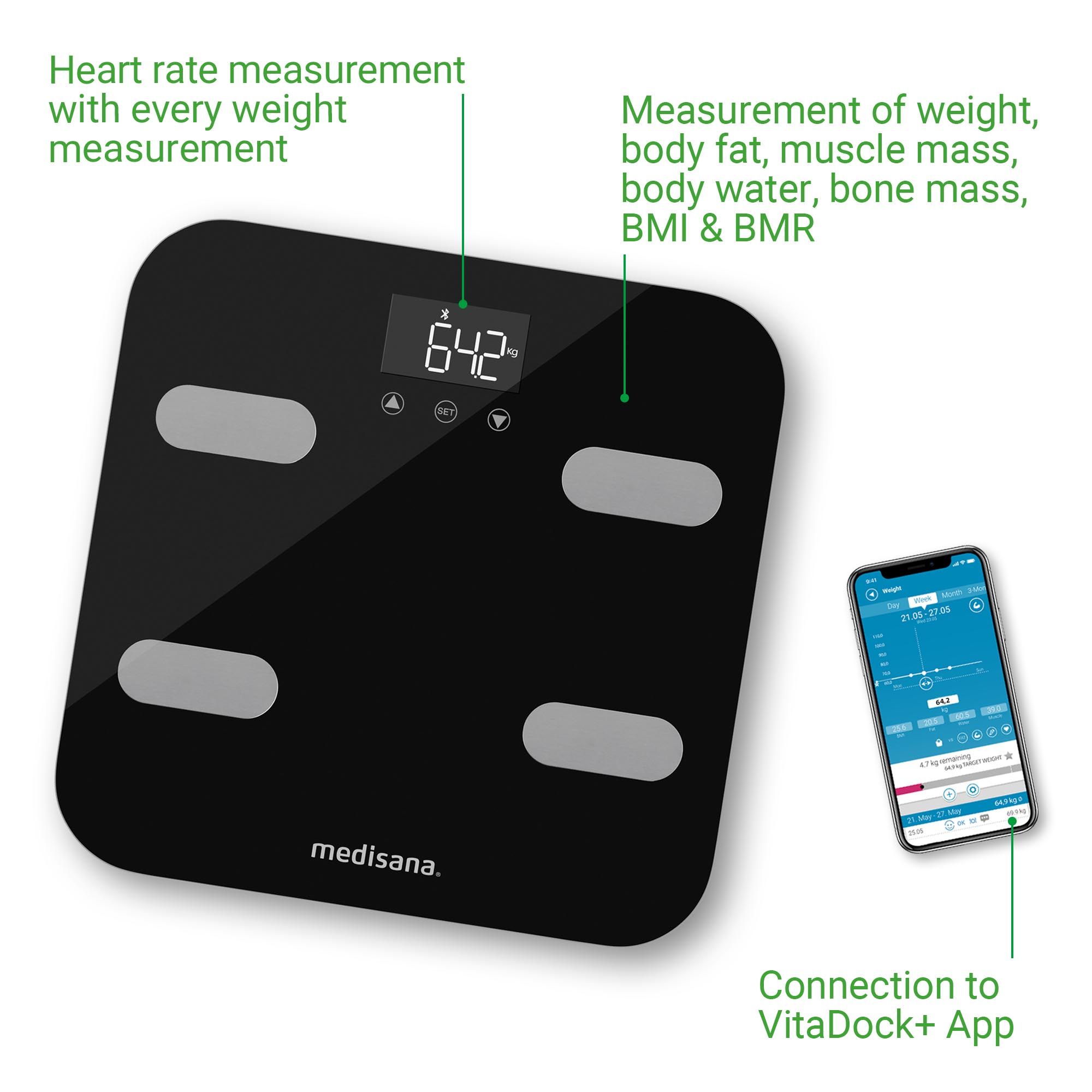 Bilancia nera con display digitale e smartphone. Misura peso, grasso corporeo, massa muscolare, acqua, BMI.