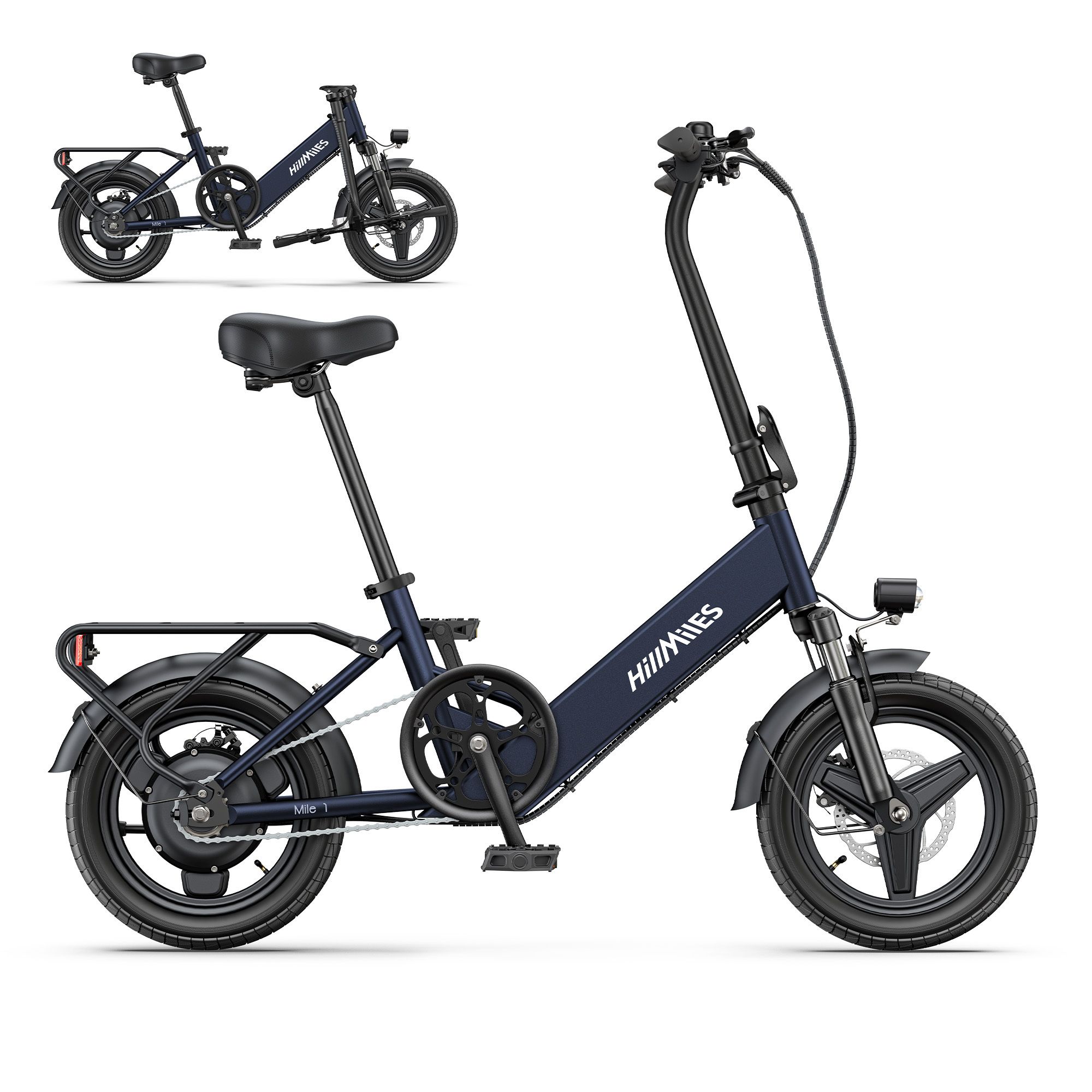 E-bike pieghevole blu scuro, portapacchi e faro. Marchio HillMiles visibile. Seconda vista in alto a sinistra.