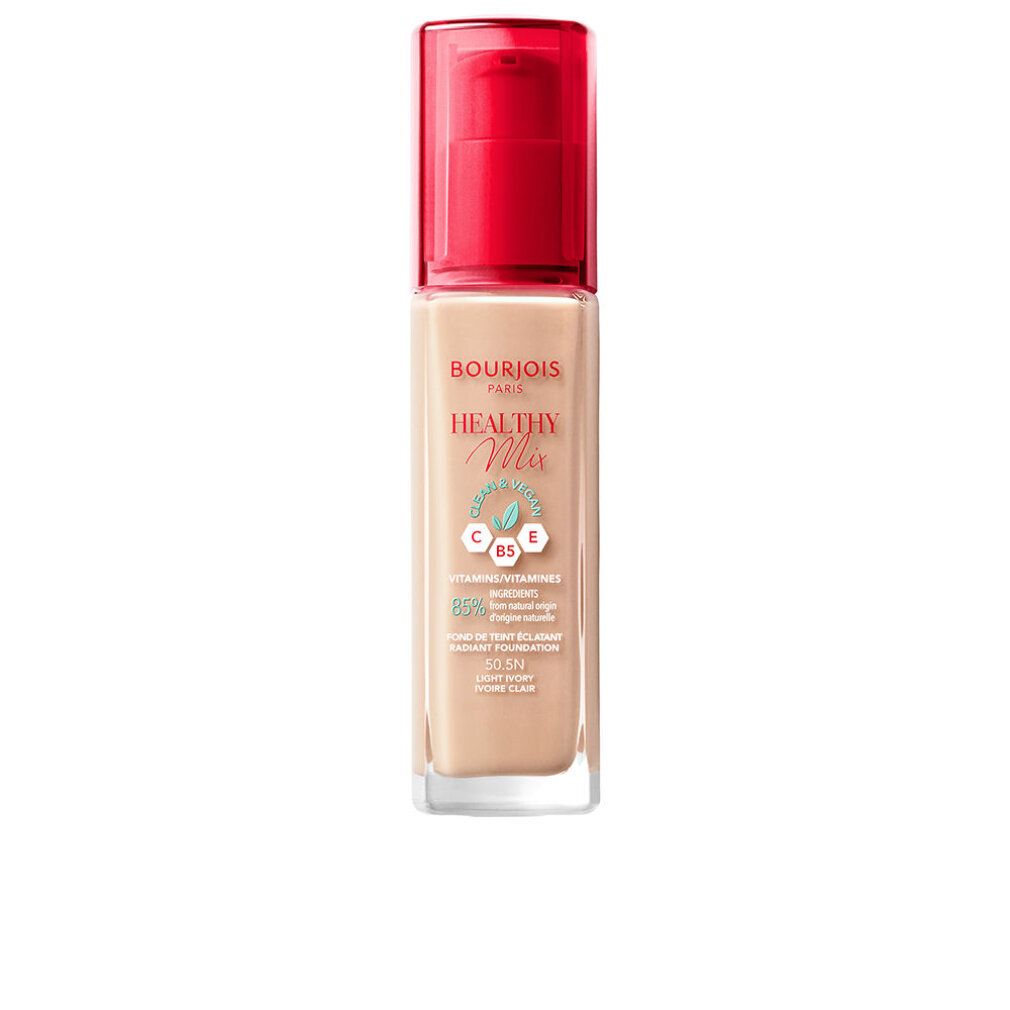 Fondotinta Bourjois Healthy Mix. Flacone con erogatore rosso. Scritta: Healthy Mix, 50.5N Light Ivory.