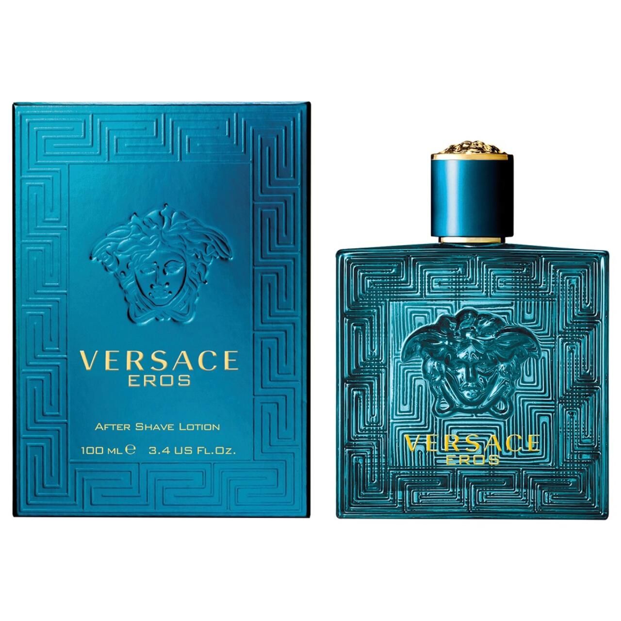 Flacone e scatola turchese. Scritta Versace Eros. Scatola con motivo in rilievo. Flacone con tappo dorato.