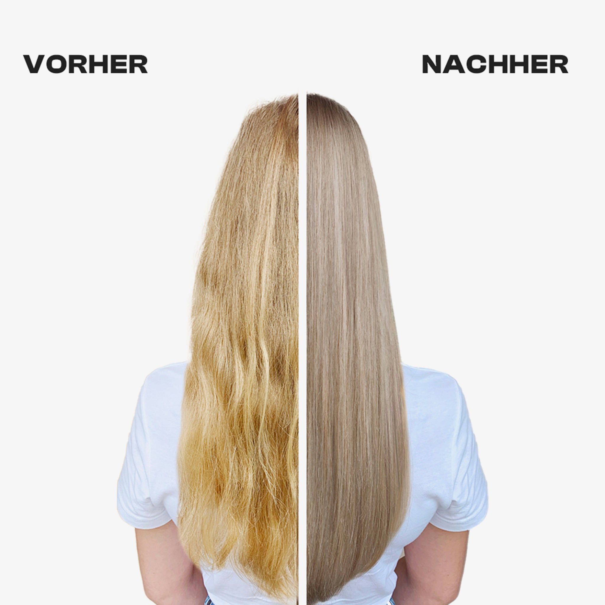 Confronto prima-dopo. Capelli biondi, a sinistra non curati, a destra lisci e curati. Testo: PRIMA/DOPO.