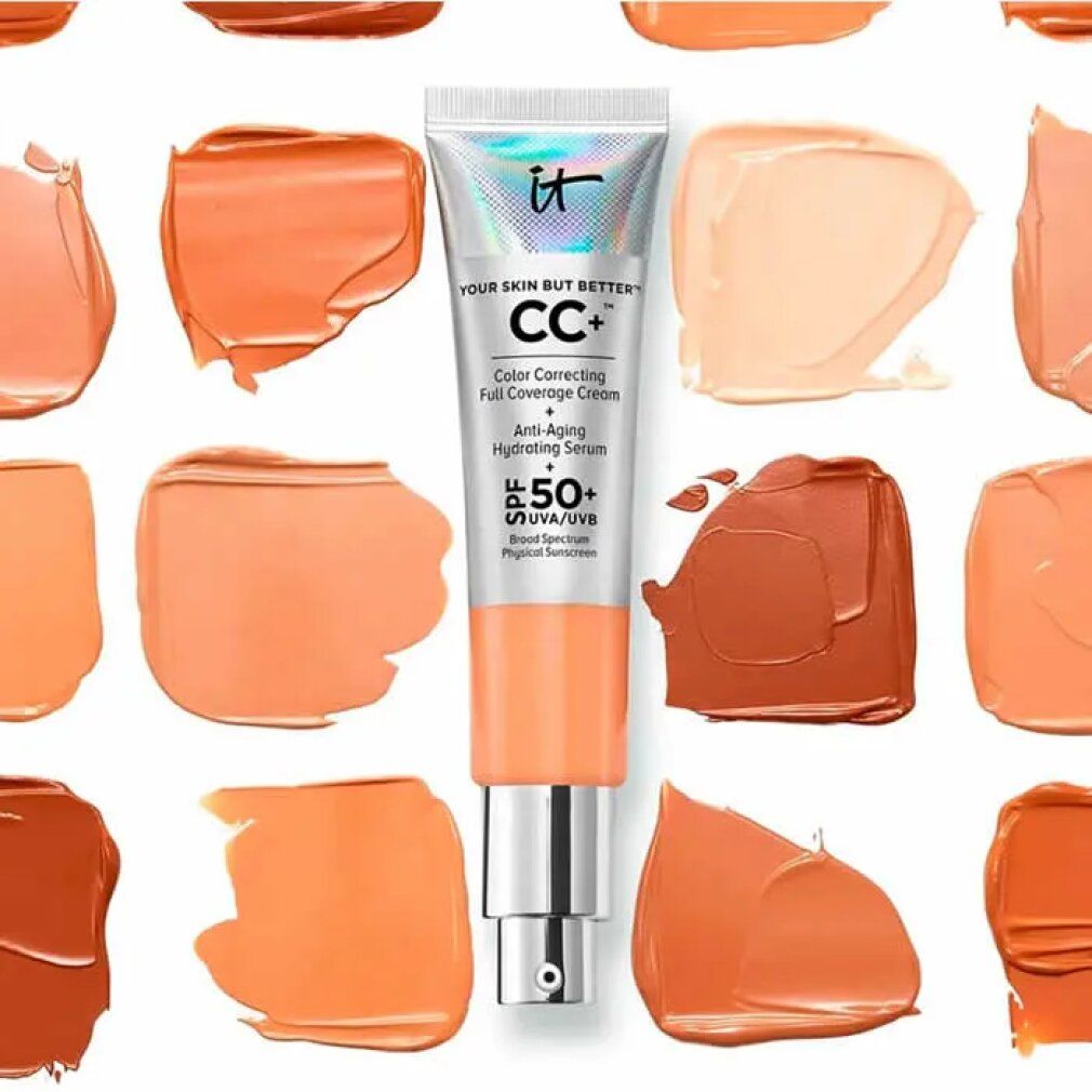 Crema CC+ di It Cosmetics, circondata da campioni di colore. Contiene SPF 50. Testo: Your Skin But Better, Color Correcting Full Coverage Cream.