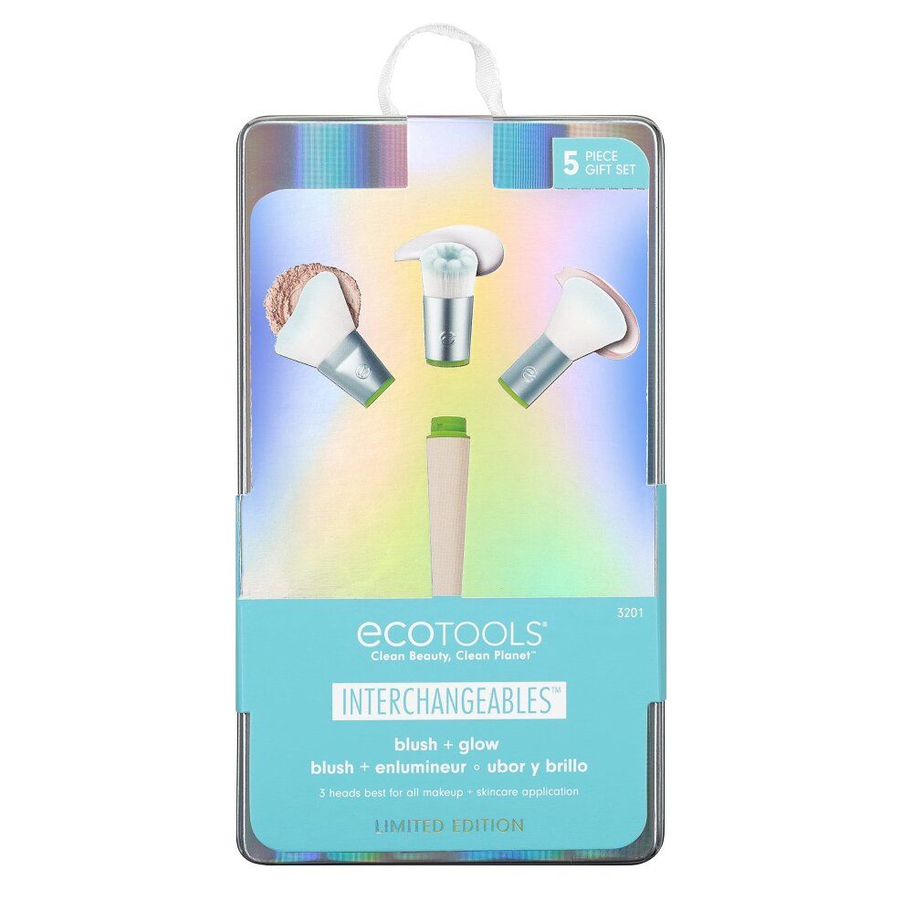 Set di 5 pennelli trucco intercambiabili in confezione trasparente. Include pennelli per blush e illuminante. Marchio Ecotools.