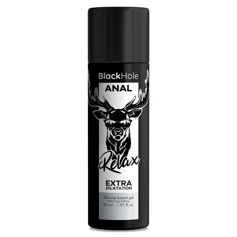 Flacone nero con logo cervo e scritta 'BlackHole ANAL Relax EXTRA DILATATION'.
