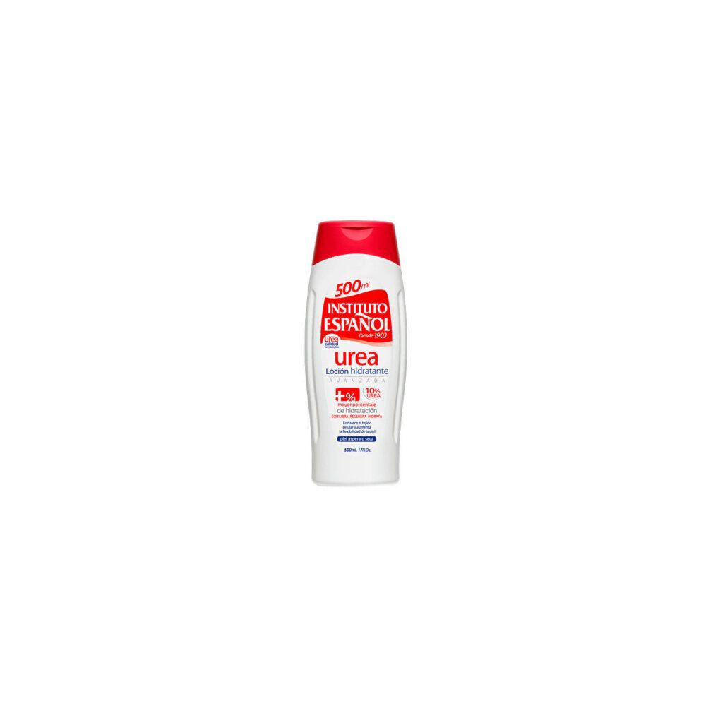 Flacone bianco con tappo rosso. Scritta Instituto Español Urea. Loción hidratante. 10% Urea. Per pelli secche.
