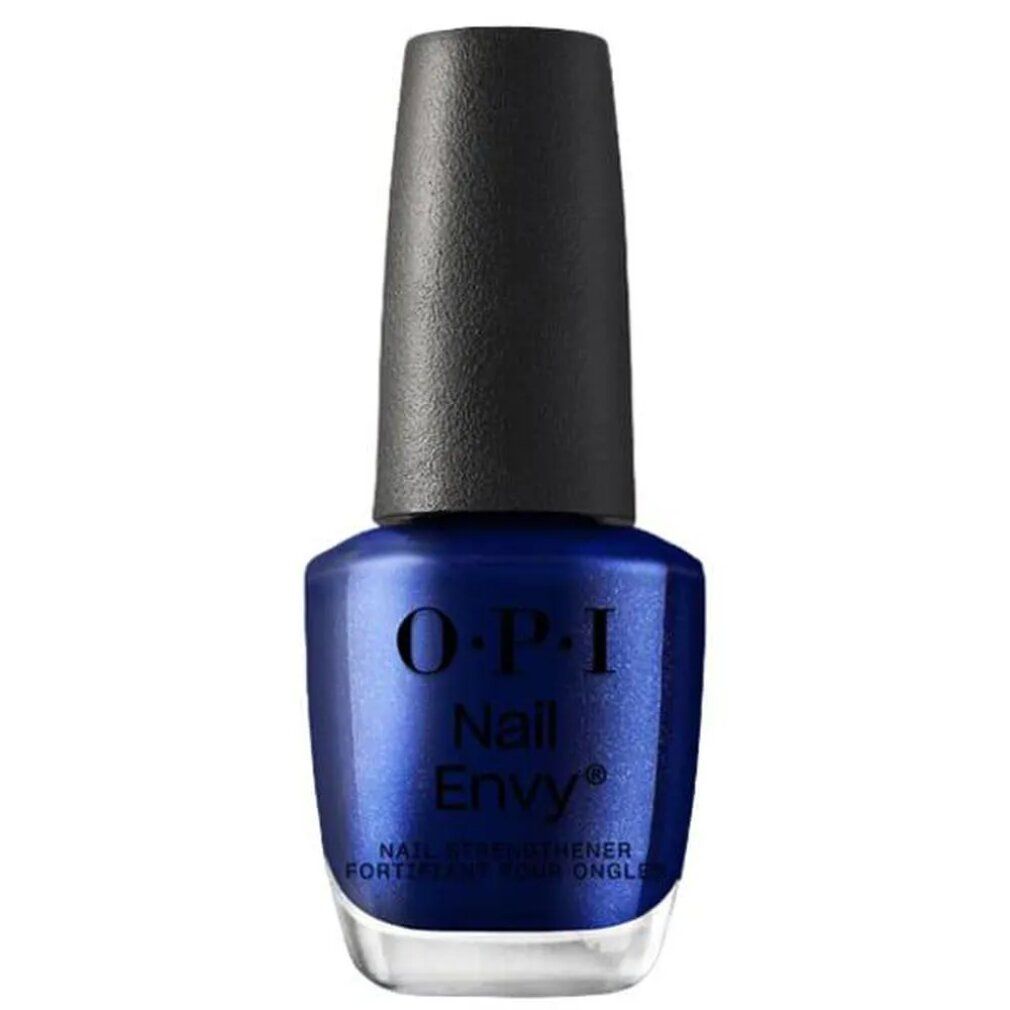 Flacone di smalto blu con tappo nero. Logo OPI Nail Envy e nome del prodotto.