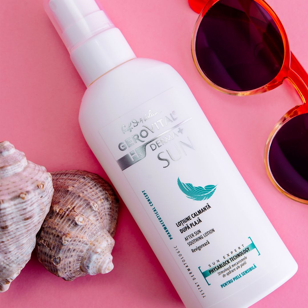 Flacone bianco con vaporizzatore e occhiali da sole. Scritta: Gerovital H3 Derma+ Sun. Testo: After Sun Soothing Lotion.