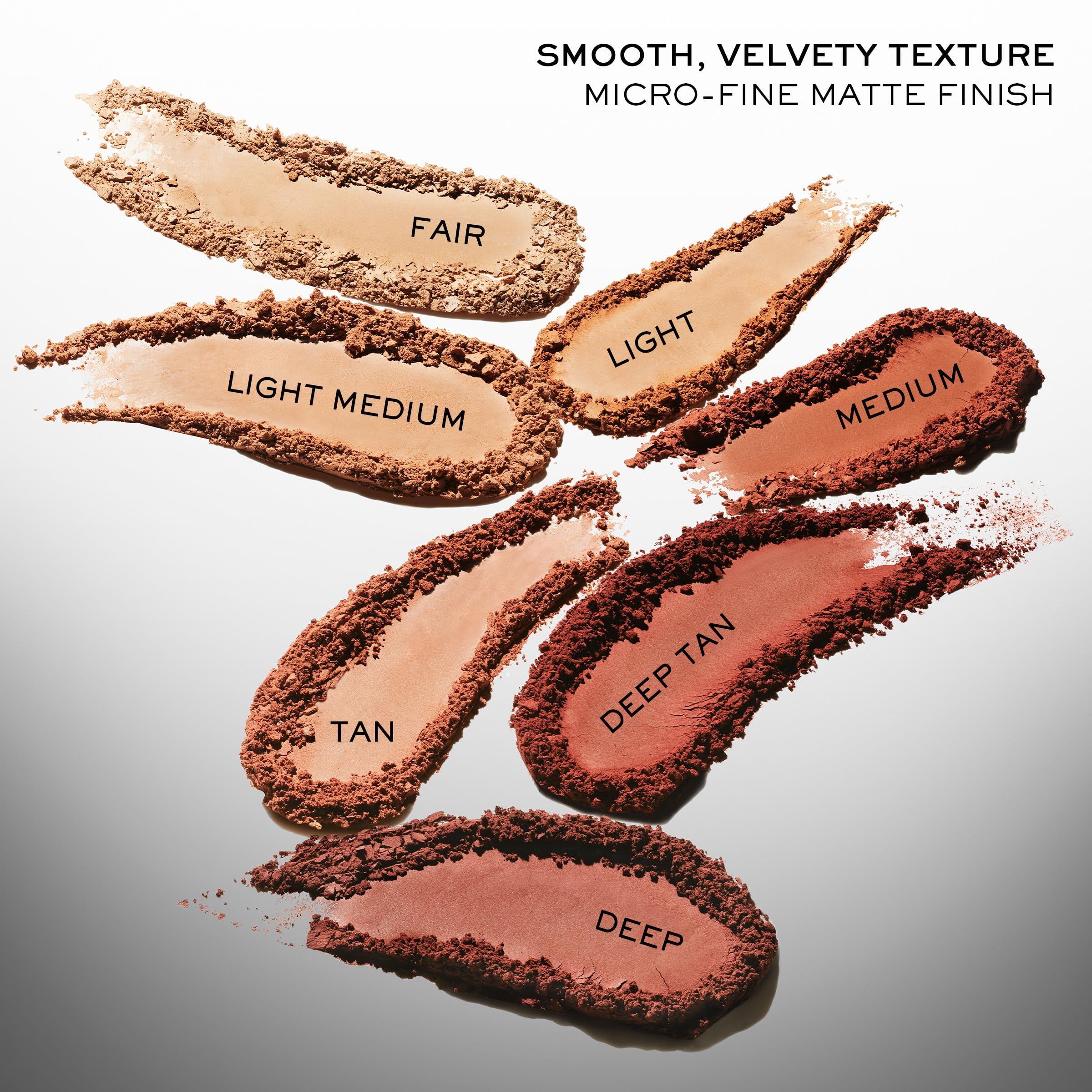 Sette campioni di polvere abbronzante. Testo: "SMOOTH, VELVETY TEXTURE MICRO-FINE MATTE FINISH". Nomi dei colori: FAIR, LIGHT, LIGHT MEDIUM, MEDIUM, TAN, DEEP TAN, DEEP.