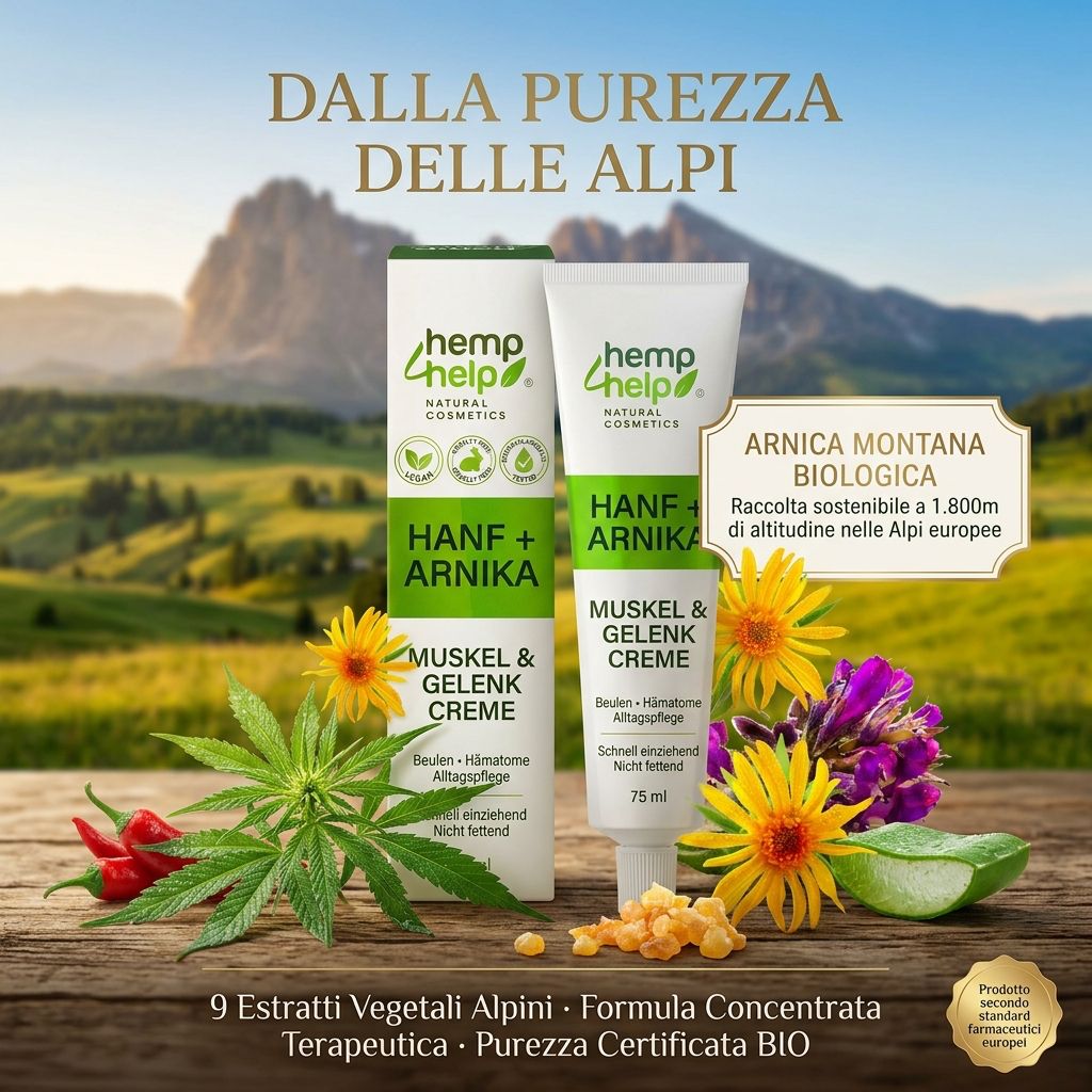 Confezione e tubetto del prodotto davanti a un paesaggio alpino con fiori, erbe e frutti. Arnica Montana Biologica.