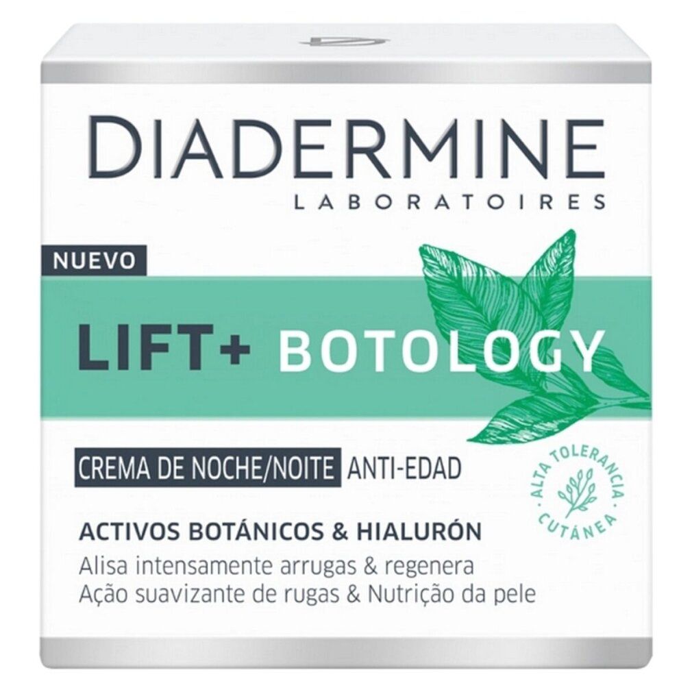 Confezione crema Diadermine Lift+ Botology Anti-Falten-Nachtcreme. Vaso bianco con scritte verdi e nere. Illustrazione foglie.