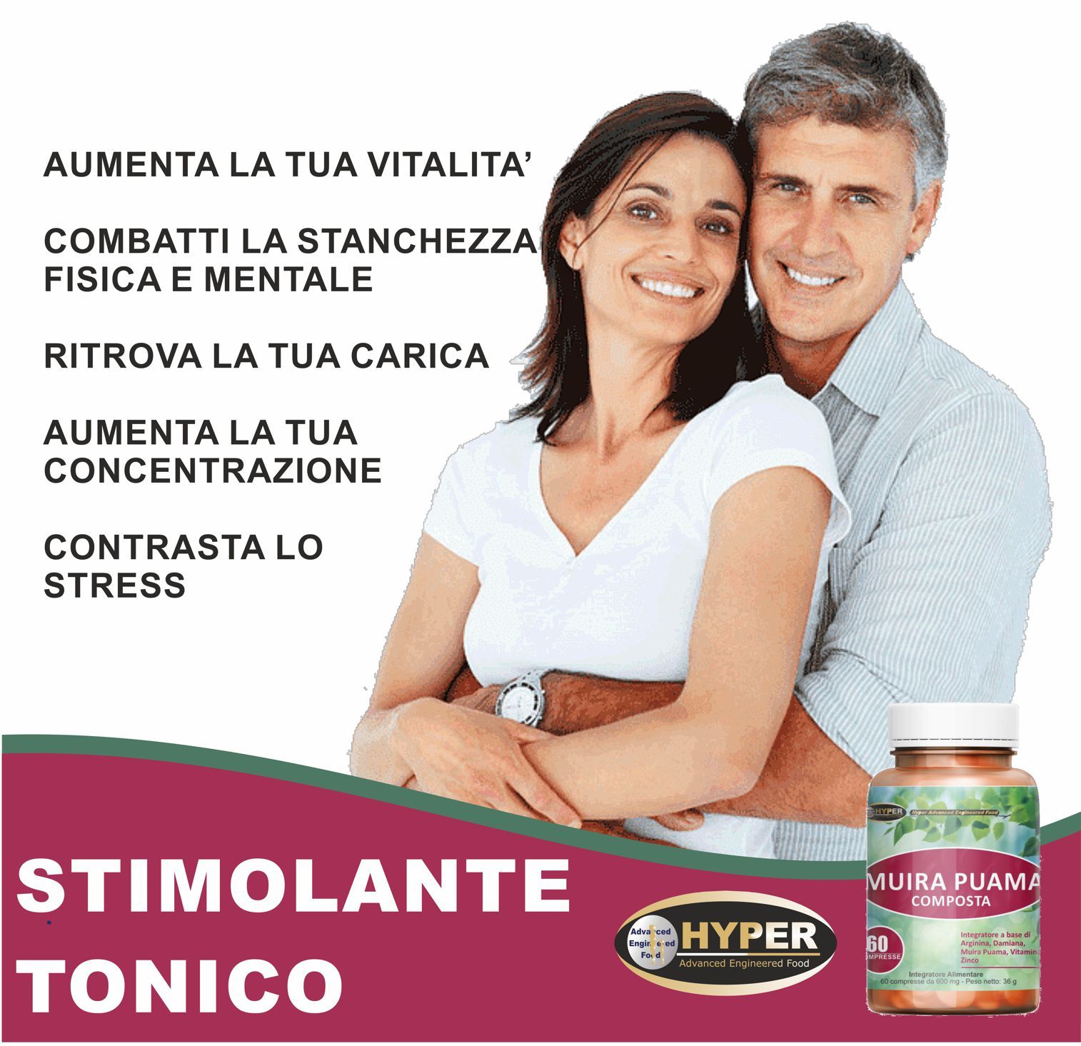 Coppia, flacone di capsule. Scritta: Muira Puama Composta, 60 compresse. Marchio: HYPER. Testo su vitalità e stress.