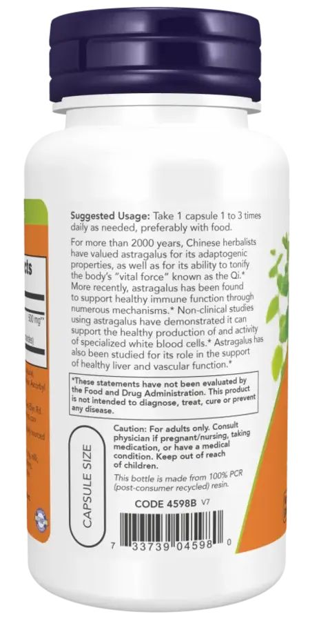 Retro del flacone. Testo: 'Suggested Usage'. Codice a barre e testo: 'CAPSULE SIZE'. Flacone in materiale riciclato.