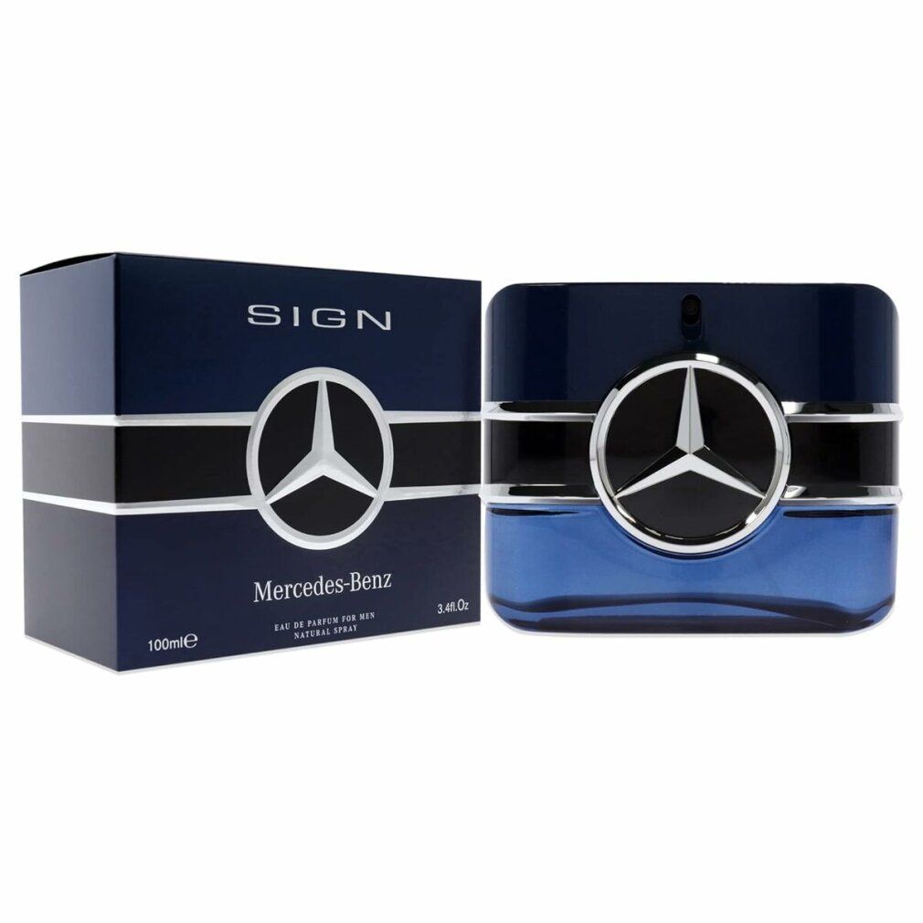 Flacone blu e confezione con logo Mercedes-Benz. Flacone rettangolare, logo nero.