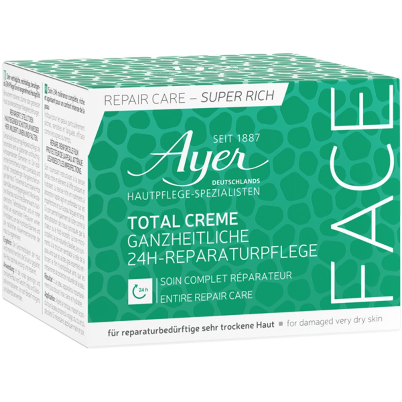 Confezione Ayer Total Creme. Scritta: Cura riparatrice 24H. Confezione verde e bianca. Testo: per pelle molto secca danneggiata.