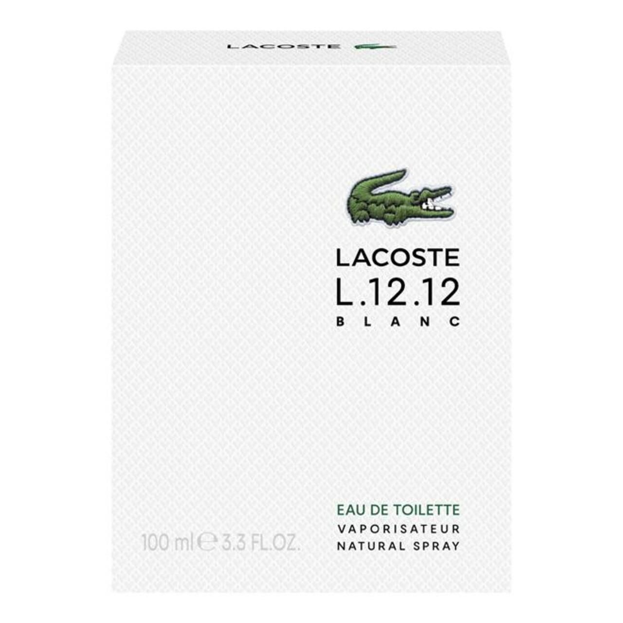 Confezione bianca con logo coccodrillo verde. Scritta Lacoste L.12.12 Blanc. Eau de Toilette. 100 ml.